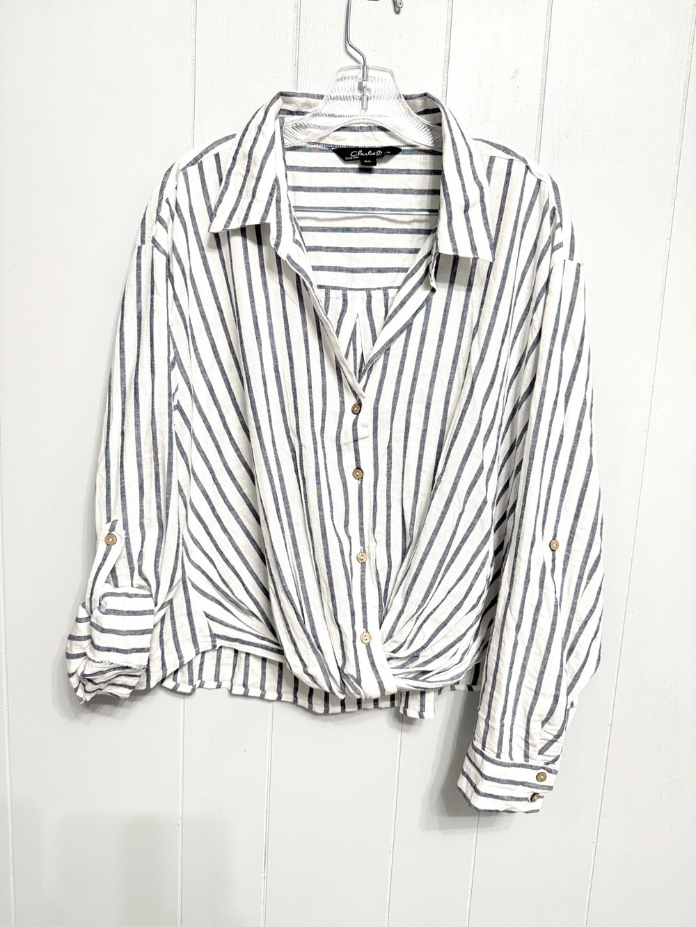 #19) Blue & White Striped Button-Up Twist Front Shirt